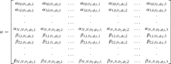 $$ \begin{aligned} \mathbf \alpha = \begin{bmatrix} \alpha _{0,0,\theta _1,\phi _1,1}&\alpha _{0,0,\theta _1,\phi _2,1}&\ldots&\alpha _{0,0,\theta _I,\phi _J,1}&\alpha _{0,0,\theta _1,\phi _1,2}&\ldots&\alpha _{0,0,\theta _I,\phi _J,3} \\ \alpha _{1,0,\theta _1,\phi _1,1}&\alpha _{1,0,\theta _1,\phi _2,1}&\ldots&\alpha _{1,0,\theta _I,\phi _J,1}&\alpha _{1,0,\theta _1,\phi _1,2}&\ldots&\alpha _{1,0,\theta _I,\phi _J,3} \\ \cdot&\cdot&\ldots&\cdot&\cdot&\ldots&\cdot \\ \cdot&\cdot&\ldots&\cdot&\cdot&\ldots&\cdot \\ \alpha _{N,N,\theta _1,\phi _1,1}&\alpha _{N,N,\theta _1,\phi _2,1}&\ldots&\alpha _{N,N,\theta _I,\phi _J,1}&\alpha _{N,N,\theta _1,\phi _1,2}&\ldots&\alpha _{N,N,\theta _I,\phi _J,3} \\ \beta _{1,1,\theta _1,\phi _1,1}&\beta _{1,1,\theta _1,\phi _2,1}&\ldots&\beta _{1,1,\theta _I,\phi _J,1}&\beta _{1,1,\theta _1,\phi _1,2}&\ldots&\beta _{1,1,\theta _I,\phi _J,3} \\ \beta _{2,1,\theta _1,\phi _1,1}&\beta _{2,1,\theta _1,\phi _2,1}&\ldots&\beta _{2,1,\theta _I,\phi _J,1}&\beta _{2,1,\theta _1,\phi _1,2}&\ldots&\beta _{2,1,\theta _I,\phi _J,3} \\ \cdot&\cdot&\ldots&\cdot&\cdot&\ldots&\cdot \\ \cdot&\cdot&\ldots&\cdot&\cdot&\ldots&\cdot \\ \beta _{N,N,\theta _1,\phi _1,1}&\beta _{N,N,\theta _1,\phi _2,1}&\ldots&\beta _{N,N,\theta _I,\phi _J,1}&\beta _{N,N,\theta _1,\phi _1,2}&\ldots&\beta _{N,N,\theta _I,\phi _J,3} \end{bmatrix} \end{aligned} $$