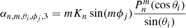 $$ \begin{aligned}&\alpha _{n,m,\theta _i,\phi _j,3} = m K_n \sin (m \phi _j) \frac{P^m_n(\cos \theta _i)}{\sin (\theta _i)} \end{aligned} $$