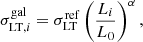 $$ \begin{aligned}&\sigma ^\mathrm{gal}_{\mathrm{LT},i}= \sigma ^\mathrm{ref}_{\rm LT} \left( \frac{L_i}{L_0} \right)^{\alpha },\end{aligned} $$