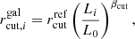 $$ \begin{aligned}&r^\mathrm{gal}_{\mathrm{cut},i}= r^\mathrm{ref}_{\rm cut} \left( \frac{L_i}{L_0} \right)^{\beta _{\rm cut}}, \end{aligned} $$