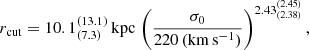 $$ \begin{aligned} r_{\rm cut} = 10.1_{(7.3)}^{(13.1)}\,\mathrm{kpc}\,\left(\frac{\sigma _0}{220 \,(\mathrm{km\,s^{-1}})}\right)^{2.43_{(2.38)}^{(2.45)}}, \end{aligned} $$