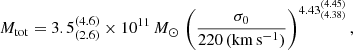$$ \begin{aligned} M_{\rm tot}=3.5_{(2.6)}^{(4.6)} \times 10^{11}\,M_{\odot }\,\left(\frac{\sigma _0}{220\,\mathrm{(km\,s^{-1})}}\right)^{4.43^{(4.45)}_{(4.38)}}, \end{aligned} $$