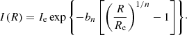 $$ \begin{aligned} I(R)=I_{\rm e} \exp {\left\{ -b_n\left[ \left( \frac{R}{R_{\rm e}} \right)^{1/n} -1\right] \right\} }\cdot \end{aligned} $$