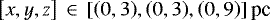 $\left[x,y,z\right]\, \in\,\left[\left(0,3\right)\!,\left(0,3\right)\!,\left(0,9\right)\right] \textrm{pc}$