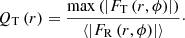$$ \begin{aligned} Q_{\rm T}\,(r)=\frac{\mathrm{max}\left( |F_{\rm T}\,(r,\phi )| \right)}{\langle |F_{\rm R}\,(r,\phi )|\rangle }\cdot \end{aligned} $$