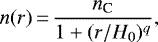 \begin{equation*}n(r) \,{=}\, \frac{n_{\textrm{C}}}{1 + (r/H_0)^q}, \end{equation*}