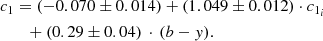 $$ \begin{aligned}&c_1 =(-0.070\pm 0.014)+(1.049\pm 0.012) \cdot c_{1_i}\nonumber \\&\quad \quad +(0.29\pm 0.04)\,\cdot \,(b-{ y}). \end{aligned} $$
