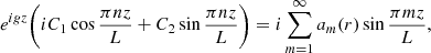 $$ \begin{aligned} e^{igz}\bigg (iC_1\cos \frac{\pi nz}{L} + C_2\sin \frac{\pi nz}{L}\bigg ) = i\sum _{m=1}^\infty a_m(r)\sin \frac{\pi mz}{L} , \end{aligned} $$
