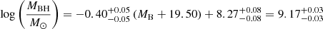 Mathematical equation: $$ \begin{aligned} \log \left({\frac{M_{\rm BH}}{M_\odot }}\right)&=-0.40^{+0.05}_{-0.05} \left(M_{\rm B}+19.50\right)+8.27^{+0.08}_{-0.08}=9.17^{+0.03}_{-0.03} \end{aligned} $$