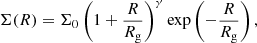 $$ \begin{aligned} \Sigma (R) = \Sigma _0 \left(1 + \frac{R}{R_{\rm g}}\right)^{\gamma } \exp \left(-\frac{R}{R_{\rm g}}\right), \end{aligned} $$