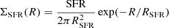 $$ \begin{aligned} \Sigma _{\mathrm{SFR}}(R) = \frac{\mathrm{SFR}}{2\pi R^2_{\mathrm{SFR}}} \exp (-R/R_{\mathrm{SFR}}) \end{aligned} $$
