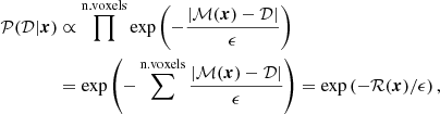 $$ \begin{aligned} \mathcal{P} (\mathcal{D} |\boldsymbol{x})&\propto \prod ^\mathrm{n.voxels} \exp \left(-\frac{|\mathcal{M} (\boldsymbol{x})-\mathcal{D} |}{\epsilon } \right) \nonumber \\&= \exp \left(-\sum ^\mathrm{n.voxels}\frac{|\mathcal{M} (\boldsymbol{x})-\mathcal{D} |}{\epsilon } \right) = \exp \left(-\mathcal{R} (\boldsymbol{x})/\epsilon \right), \end{aligned} $$