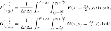 $$ \begin{aligned}&{\boldsymbol{F}}^{n+\frac{1}{2}}_{i\mp \frac{1}{2},j} = \frac{1}{\Delta t \Delta { y}} \int _{t^n}^{t^n+\Delta t} \int _{{ y}_j-\frac{\Delta { y}}{2}}^{{ y}_j+\frac{\Delta { y}}{2}} {\boldsymbol{F}}(x_{i}\mp \tfrac{\Delta x}{2},{ y},t) \, \mathrm{d} { y} \mathrm{d} t, \nonumber \\&{\boldsymbol{G}}^{n+\frac{1}{2}}_{i,j\mp \frac{1}{2}} = \frac{1}{\Delta t \Delta x} \int _{t^n}^{t^n+\Delta t} \int _{x_i-\frac{\Delta x}{2}}^{x_i+\frac{\Delta x}{2}} {\boldsymbol{G}}(x,{ y}_{j}\mp \tfrac{\Delta { y}}{2},t) \, \mathrm{d} x \mathrm{d} t. \end{aligned} $$