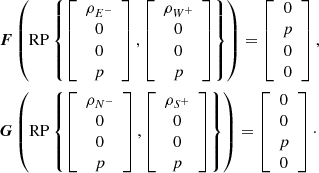 $$ \begin{aligned}&{\boldsymbol{F}}\left(\mathrm{RP} \left\{ \left[\begin{array}{c} \rho _{E^-} \\ 0 \\ 0 \\ p \end{array}\right],\left[\begin{array}{c} \rho _{W^+} \\ 0 \\ 0 \\ p \end{array}\right] \right\} \right) = \left[\begin{array}{c} 0 \\ p \\ 0 \\ 0 \end{array}\right],\nonumber \\&{\boldsymbol{G}}\left(\mathrm{RP} \left\{ \left[\begin{array}{c} \rho _{N^-} \\ 0 \\ 0 \\ p \end{array}\right],\left[\begin{array}{c} \rho _{S^+} \\ 0 \\ 0 \\ p \end{array}\right] \right\} \right) = \left[\begin{array}{c} 0 \\ 0 \\ p \\ 0 \end{array}\right]\cdot \end{aligned} $$