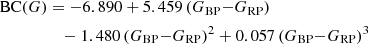 $$ \begin{aligned} \mathrm{BC}(G)&= -6.890 + 5.459\,(G_{\rm BP}{-}G_{\rm RP})\\&\quad -1.480\,(G_{\rm BP}{-}G_{\rm RP})^{2} + 0.057\,(G_{\rm BP}{-}G_{\rm RP})^{3}\nonumber \end{aligned} $$