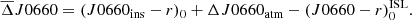 $$ \begin{aligned} \overline{\Delta } J0660 = (J0660_{\rm ins} - r)_0 + \Delta J0660_{\rm atm} - (J0660 - r)_0^\mathrm{ISL}. \end{aligned} $$
