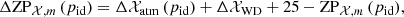 $$ \begin{aligned} \Delta \mathrm{ZP}_{\mathcal{X} , m}\,(p_{\rm id}) = \Delta \mathcal{X} _{\rm atm}\,(p_{\rm id}) + \Delta \mathcal{X} _{\rm WD} + 25 - \mathrm{ZP}_{\mathcal{X} ,m}\,(p_{\rm id}), \end{aligned} $$