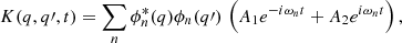 $$ \begin{aligned} K(q, q\prime , t) = \sum _{n} \phi _{n}^{*}(q)\phi _{n}(q\prime ) \, \left( A_{1}e^{-i \omega _{n} t} + A_{2} e^{i \omega _{n} t} \right), \end{aligned} $$