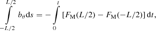 $$ \begin{aligned}&\int \limits _{-L/2}^{L/2}b_\theta \mathrm{d}s = - \int \limits _{0}^{t} \left[F_{\rm M}(L/2) - F_{\rm M}(-L/2)\right] \mathrm{d}t, \end{aligned} $$