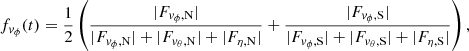 $$ \begin{aligned} f_{{ v}_\phi }(t) = \frac{1}{2}\left(\frac{|F_{{ v}_{\phi }, \mathrm{N}}|}{|F_{{ v}_{\phi }, \mathrm{N}}| + |F_{{ v}_{\theta }, \mathrm{N}}| + |F_{\eta , \mathrm{N}}|} + \frac{|F_{{ v}_{\phi }, \mathrm{S}}|}{ |F_{{ v}_{\phi }, \mathrm{S}}| + |F_{{ v}_{\theta }, \mathrm{S}}| + |F_{\eta , \mathrm{S}}|}\right), \end{aligned} $$