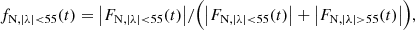 $$ \begin{aligned} f_{\mathrm{N}, |\lambda |<55}(t)&= \big |F_{\mathrm{N},|\lambda |<55}(t)\big |/\Big (\big |F_{\mathrm{N},|\lambda |<55}(t)\big | + \big |F_{\mathrm{N},|\lambda |>55}(t)\big |\Big ), \end{aligned} $$