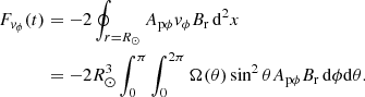 $$ \begin{aligned} F_{{ v}_\phi }(t)&= -2\oint _{r=R_\odot }A_{\rm p\phi }{ v}_\phi B_{\rm r}\,\mathrm{d} ^2x \nonumber \\&= -2R_\odot ^3\int _0^\pi \int _0^{2\pi }\Omega (\theta )\sin ^2\theta A_{\rm p\phi } B_{\rm r}\,\mathrm{d} \phi \mathrm{d} \theta . \end{aligned} $$