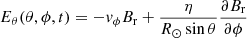 $$ \begin{aligned} E_\theta (\theta ,\phi ,t)&= -{ v}_\phi B_{\rm r} + \frac{\eta }{R_\odot \sin \theta }\frac{\partial B_{\rm r}}{\partial \phi }\end{aligned} $$