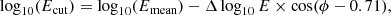 $$ \begin{aligned} \log _{10}(E_{\rm cut}) = \log _{10}(E_{\rm mean}) - \Delta \log _{10}E \times \cos (\phi -0.71) ,\end{aligned} $$