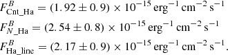 $$ \begin{aligned}&F_{\mathrm{Cnt}\_{\rm Ha}}^{B}=(1.92\pm 0.9)\times 10^{-15}\,\mathrm{erg^{-1}\,cm^{-2}\,s^{-1}}\\&F_{{N}\_{\rm Ha}}^{B}=(2.54\pm 0.8)\times 10^{-15}\,\mathrm{erg^{-1}\,cm^{-2}\,s^{-1}}\\&F_{\mathrm{Ha}\_{\rm line}}^{B}=(2.17\pm 0.9)\times 10^{-15}\,\mathrm{erg^{-1}\,cm^{-2}\,s^{-1}}. \end{aligned} $$