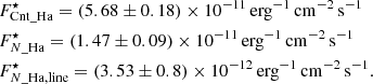 $$ \begin{aligned}&F_{\mathrm{Cnt}\_{\rm Ha}}^{\star }=(5.68\pm 0.18)\times 10^{-11}\,\mathrm{erg^{-1}\,cm^{-2}\,s^{-1}}\\&F_{{N}\_{\rm Ha}}^{\star }=(1.47\pm 0.09)\times 10^{-11}\,\mathrm{erg^{-1}\,cm^{-2}\,s^{-1}}\\&F_{{N}\_{\rm Ha,line}}^{\star }=(3.53\pm 0.8)\times 10^{-12}\,\mathrm{erg^{-1}\,cm^{-2}\,s^{-1}}. \end{aligned} $$