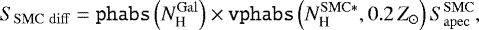 \begin{equation*} S_{\mathrm{SMC}\ \mathrm{diff}} = {\texttt{phabs}} \left(N_{\textrm{H}} ^{\mathrm{Gal}} \right) \times {\texttt{vphabs}} \left( N_{\textrm{H}} ^{\mathrm{SMC*}}, 0.2\, Z_{\odot} \right) S_{\mathrm{apec}} ^{\mathrm{SMC}},\end{equation*}