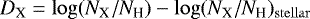 $D_{\textrm{X}} = \log(N_{\textrm{X}}/N_{\textrm{H}}) - \log(N_{\textrm{X}}/N_{\textrm{H}})_{\mathrm{stellar}}$