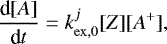 \begin{equation*} \frac{\textrm{d}[A]}{\textrm{d}t}=k_{\mathrm{ex,0}}^j[Z][A^&#x002B;], \end{equation*}
