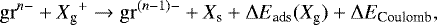 \begin{equation*} \mathrm{gr}^{n-} &#x002B; {X_{\textrm{g}}}^&#x002B; \rightarrow \mathrm{gr}^{(n-1)-} &#x002B; {X_{\textrm{s}}} &#x002B; \Delta E_{\textrm{ads}}(X_{\textrm{g}}) &#x002B; \Delta E_{\textrm{Coulomb}} ,\end{equation*}