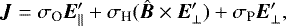 \begin{equation*} {\bm J}=\sigma_{\textrm{O}}{\bm E}&#x0027;_{\parallel}&#x002B;\sigma_{\textrm{H}}(\hat{{\bm B}} \times{\bm E}&#x0027;_{\perp})&#x002B;\sigma_{\textrm{P}}{\bm E}&#x0027;_{\perp}, \end{equation*}