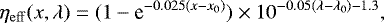 \begin{equation*} \eta_{\mathrm{eff}}(x,\lambda)= (1-\textrm{e}^{-0.025(x-x_0)})\times10^{-0.05(\lambda-\lambda_0)-1.3}, \end{equation*}
