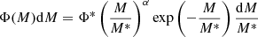 $$ \begin{aligned} \Phi (M) \mathrm{d}M = \Phi ^{*} \left( \frac{M}{M^*} \right)^{\alpha } \exp \left(- \frac{M}{M^*} \right) \frac{\mathrm{d}M}{M^*} \end{aligned} $$