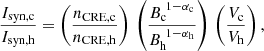 $$ \begin{aligned} \dfrac{I_{\rm syn, c}}{I_{\rm syn, h}} = \left(\dfrac{n_{\rm CRE, c}}{n_{\rm CRE, h}}\right)\, \left(\dfrac{B_{\rm c}^{\,\,1-\alpha _{\rm c}}}{B_{\rm h}^{\,\,1-\alpha _{\rm h}}}\right) \, \left(\dfrac{V_{\rm c}}{V_{\rm h}}\right), \end{aligned} $$