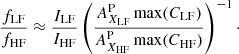$$ \begin{aligned} \frac{f_{\mathrm{LF} }}{f_{\mathrm{HF} }} \approx \frac{I_{\mathrm{LF} }}{I_{\mathrm{HF} }} \left(\frac{A_{X_{\mathrm{LF} }}^{\mathrm{P} } \max (C_{\mathrm{LF} })}{A_{X_{\mathrm{HF} }}^{\mathrm{P} } \max (C_{\mathrm{HF} })}\right)^{-1}\cdot \end{aligned} $$