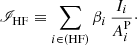 $$ \begin{aligned}&\fancyscript {I}_{\mathrm{HF} } \equiv \sum _{i \in ({\mathrm{HF} })} \beta _i \, \frac{I_i}{A^{\mathrm{P} }_{i}}\cdot \end{aligned} $$