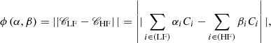 $$ \begin{aligned} \phi \, (\alpha , \beta ) = \left||\fancyscript {C}_{\mathrm{LF} } - \fancyscript {C}_{\mathrm{HF} } \right||= \left||\sum _{i \in ({\mathrm{LF} })} \alpha _i C_i - \sum _{i \in ({\mathrm{HF} })} \beta _i C_i \right||, \end{aligned} $$