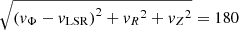 $ \sqrt{{(\mathit{v}_\Phi-\mathit{v}_{\mathrm{LSR}})}^2+{\mathit{v}_R}^2+{\mathit{v}_Z}^2}=180 $
