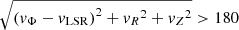 $ \sqrt{{(\mathit{v}_\Phi-\mathit{v}_{\mathrm{LSR}})}^2+{\mathit{v}_R}^2+{\mathit{v}_Z}^2} > 180 $