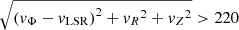 $ \sqrt{{(\mathit{v}_\Phi-\mathit{v}_{\mathrm{LSR}})}^2+{\mathit{v}_R}^2+{\mathit{v}_Z}^2} > 220 $