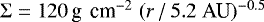 $\Sigma = 120 \,\textrm{g \,cm}^{-2} \; ({r}\,/\,5.2\;\textrm{AU})^{-0.5}$