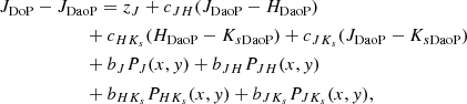 $$ \begin{aligned}&J_{\mathrm{DoP}}-J_{\mathrm{DaoP}}=z_{J}+c_{JH}(J_{\mathrm{DaoP}}-H_{\mathrm{DaoP}})\nonumber \\&\quad \quad \quad \quad \quad \quad +c_{HK_s}(H_{\mathrm{DaoP}}-K_{s\mathrm{DaoP}})+c_{JK_s}(J_{\mathrm{DaoP}}-K_{s\mathrm{DaoP}})\nonumber \\&\quad \quad \quad \quad \quad \quad +b_{J}P_J(x,{ y})+b_{JH}P_{JH}(x,{ y})\nonumber \\&\quad \quad \quad \quad \quad \quad +b_{HK_s}P_{HK_s}(x,{ y})+b_{JK_s}P_{JK_s}(x,{ y}), \end{aligned} $$
