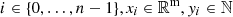 $ i\in\{0,\ldots,n-1\}, \mathbf{\mathit{x}}_{\mathbf{\mathit{i}}} \in \mathbb{R}^{\mathrm{m}}, y_i \in \mathbb{N} $