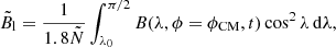 $$ \begin{aligned} \tilde{B}_{\rm l}=\frac{1}{1.8\tilde{N}} \int _{\lambda _0}^{\pi /2} B(\lambda ,\phi =\phi _{\rm CM},t) \cos ^{2}{\lambda }\, \mathrm{d} \lambda , \end{aligned} $$