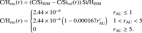\begin{align*} \textrm{C/H}_{\textrm{exc}}(r) &= \left(\textrm{C/Si}_{\textrm{ISM}} - \textrm{C/Si}_{\textrm{ref}}(r)\right)\textrm{Si/H}_{\textrm{ISM}} \nonumber\\ \textrm{C/H}_{\textrm{exc}}(r) &= \begin{cases} 2.44\,{\times}\,10^{-4} & r_{\textrm{AU}} \le 1 \\ 2.44\,{\times}\,10^{-4}\left( 1 - 0.000167 r_{\textrm{AU}}^{c}\right) & 1 < r_{\textrm{AU}} < 5 \\ 0 & r_{\textrm{AU}} \ge 5. \\ \end{cases}\end{align*}