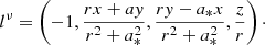 $$ \begin{aligned} l^\nu = \left(-1, \frac{rx+ay}{r^2 + a_*^2}, \frac{ry-a_*x}{r^2 + a_*^2}, \frac{z}{r}\right)\cdot \end{aligned} $$